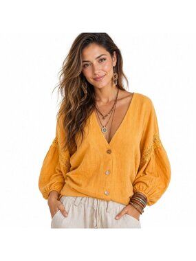 Karlie Womens Mustard Yellow 100% Cotton Button Cardigan Lace Balloon Sleeve L